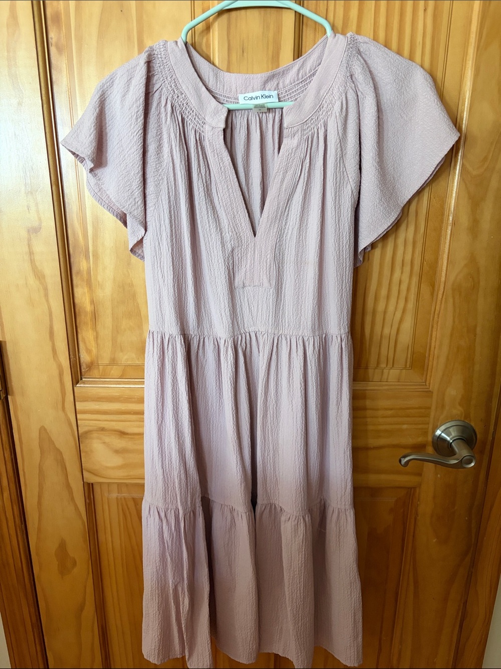 Calvin Klein Blush Pink Flutter-Sleeve Tiered Midi Dress